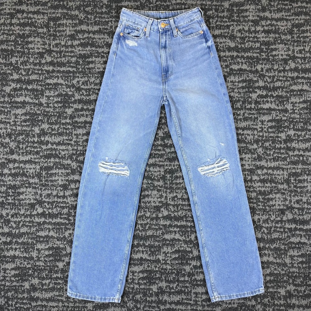 H&M Divided Straight Leg Jeans Womens Size 0 Blue Distressed High Waisted Denim
